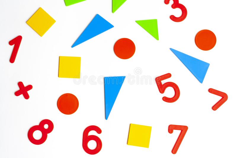 math geometric shapes different colors numbers white background flat lay math geometric shapes different colors 217166143